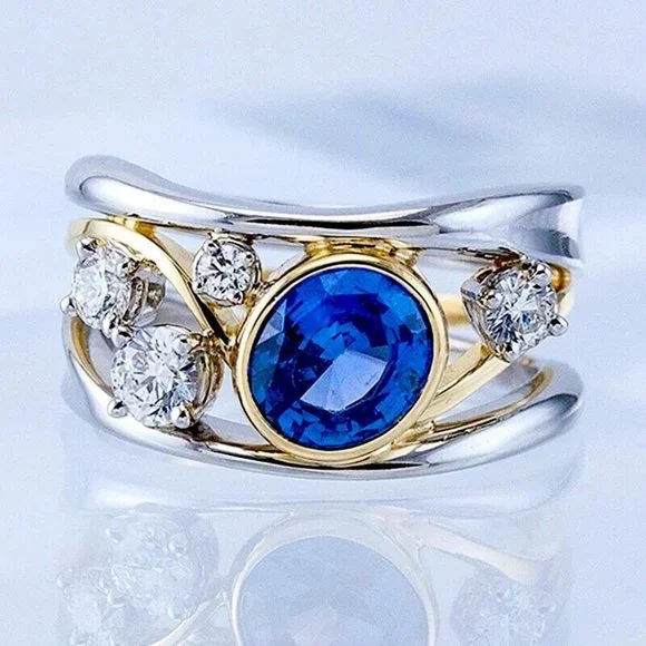 New Two Tone 925 Silver/18k Gold Blue Sapphire Diamond Ring - Picture 1 of 4